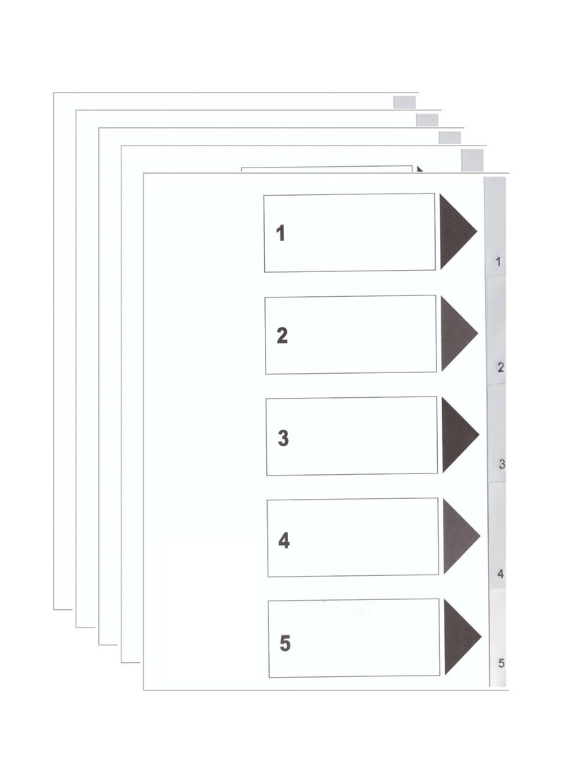 5-Pack Five Tab Divider With Number Plastic Grey - Image 1